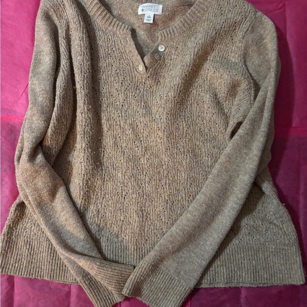 Tan Crew Neck Sweater with Soft Knit Texture